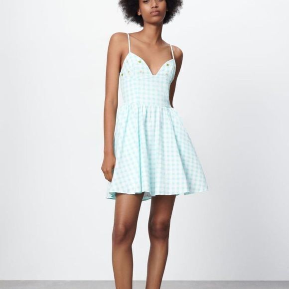 NEW ZARA GINGHAM DRESS V NECK MINI POCKETS BEADED FLOWER DETAILED SIZE XXL - Picture 1 of 7